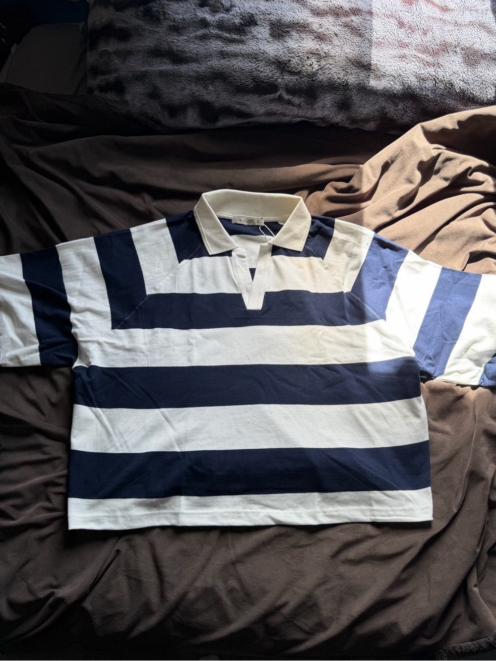 MNML Navy & White Wide-Stripe Rugby Polo